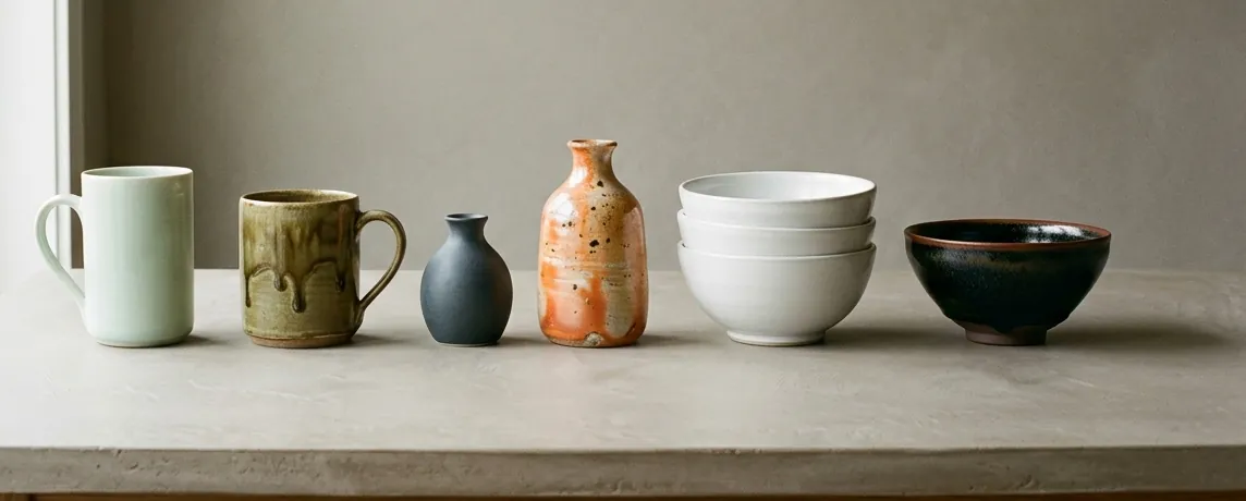 Mugs, a bud vase, a bottle vase and bowls from the current batch on a plaster table